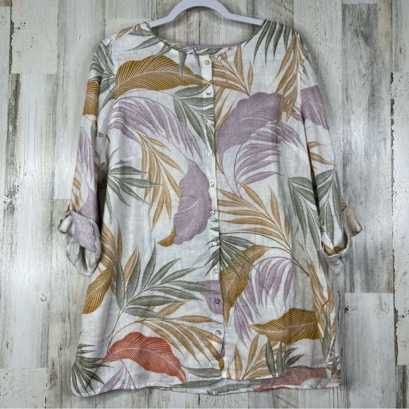 Tahari Linen Shirt Womens 1X Floral Leaves Print Long Roll Sleeve w Button Front - Picture 10 of 10